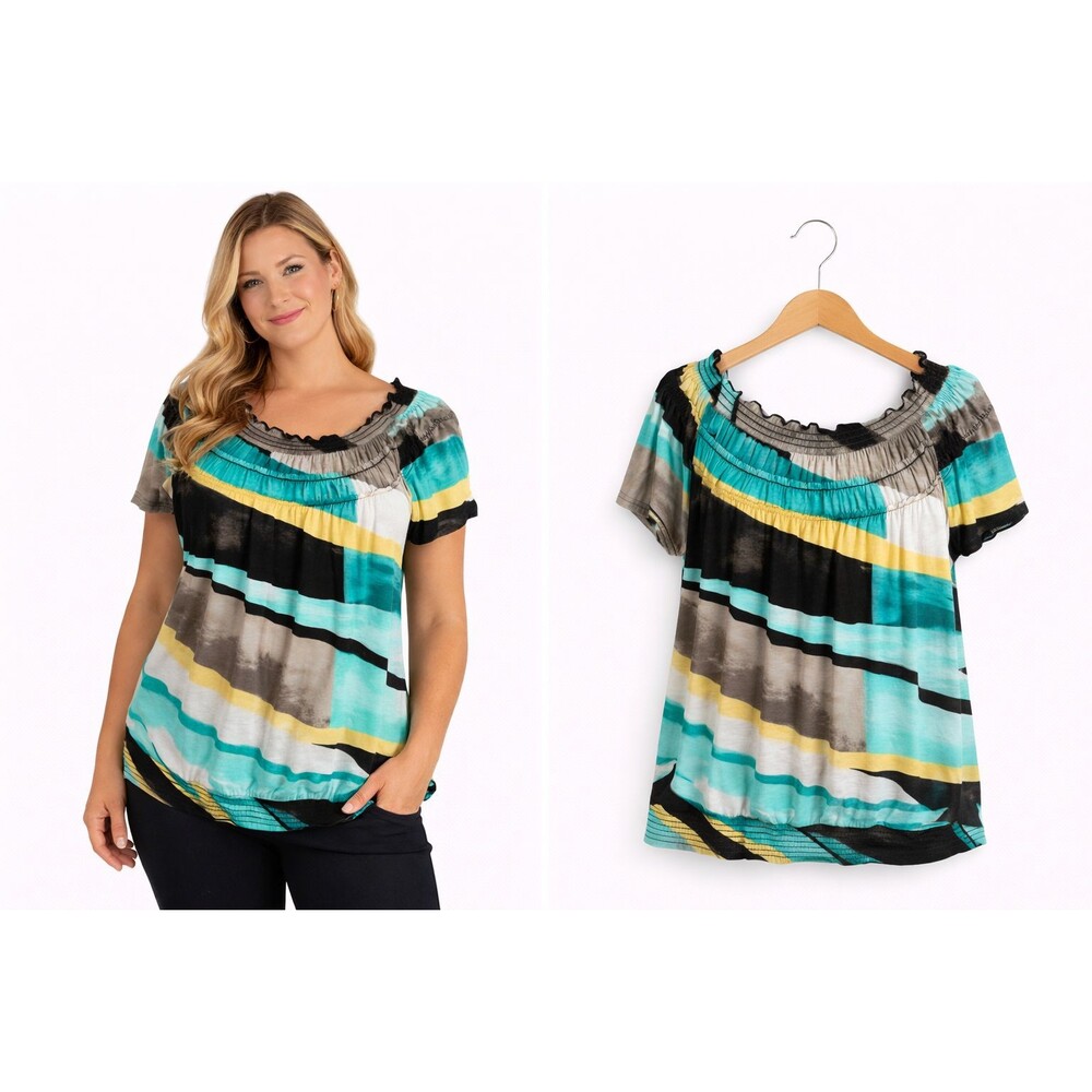 New Style & Co Knit Peasant Top Tee Size Large Neo Print Black Green Smocked